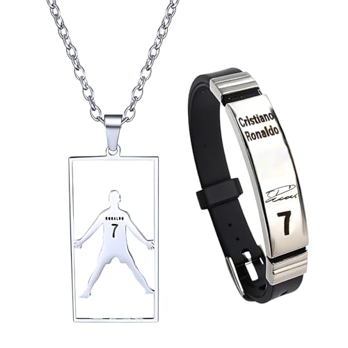 Fußball Kette, R onaldo Fanartikel 2er Set mit Armband und Halskette, R onaldo Accessoires für Fußballfans, Fußball Armband und Plattenkette als Geschenk für Jungen von ZexJpr