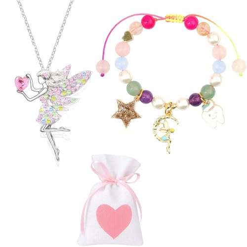 ZexJpr 3 Stück Zahnfee Geschenke Mädchen, Zahnfee Geschenke, Kette Mädchen, Farbige Fee Halskette, Perlenarmband Und Liebe Tasche, Schmuckgeschenke, Geeignet als Ermutigung, Taufe von ZexJpr
