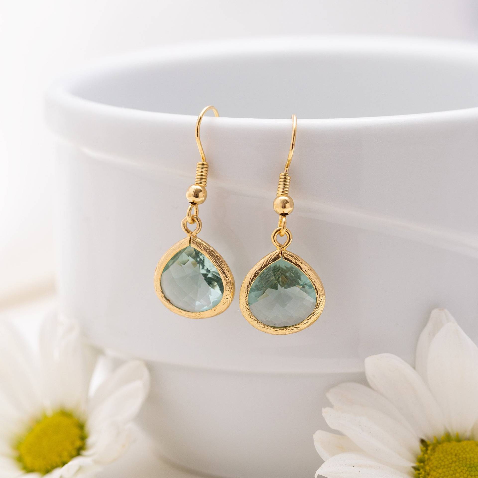 Erinite Glas Ohrringe Aqua Grün & Gold, Brautjungfer Schmuck Erinite Glas Ohrringe Aqua Grün & Gold, Brautjungfer Schmuck von ZeyJewel