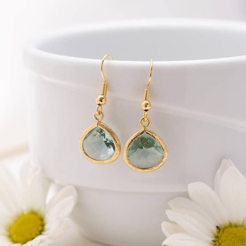 Erinite Glas Ohrringe Aqua Grün & Gold, Brautjungfer Schmuck Erinite Glas Ohrringe Aqua Grün & Gold, Brautjungfer Schmuck von ZeyJewel