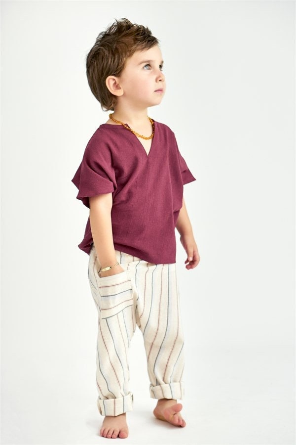 Bordeaux Baumwolle Junge Kleidung Set - Handgemachte Hemd & Hose von ZeylumUS