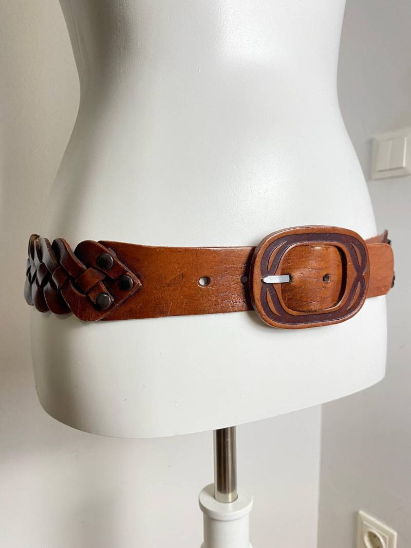 Vintage Brauner Geflochtener Ledergürtel, Boho Country Style von Zeynotify