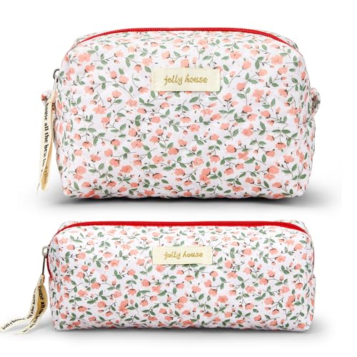 Zeyune 2 Stück gesteppte Make-up-Tasche Baumwolle Floral Kosmetiktasche Blume Make-up Pinsel Fall Reise Niedlich Kulturbeutel Kawaii Floral Make-up Tasche für Frauen Kosmetik Aufbewahrung, Pink, von Zeyune