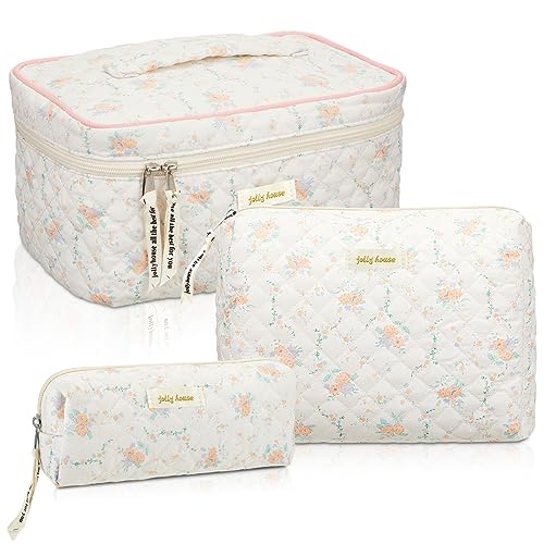 Zeyune 3 Stück Baumwolle gesteppte Make-up-Tasche große Kokette Make-up-Tasche Reise Ästhetische Blumen Make-up Tasche Niedlich Kawaii Kulturbeutel Kosmetiktasche mit Reißverschluss für Frauen von Zeyune