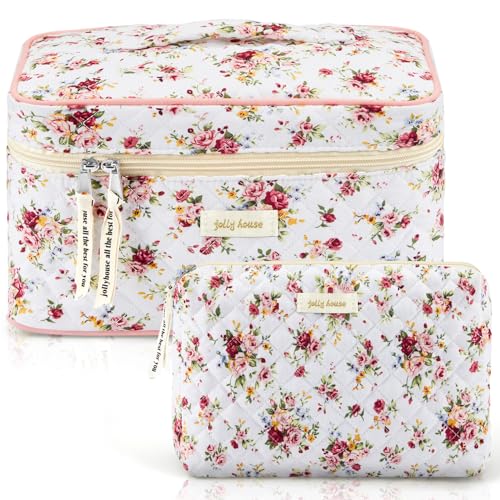 Zeyune 2 Stück große Reise-Make-up-Tasche für Damen, niedliches Blumenmuster, Baumwolle, Kulturbeutel, ästhetische Kirschpfingstrose, Kosmetiktasche, Kokette, Hautpflege-Organizer-Tasche, Rosen-Stil von Zeyune