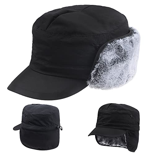 ZffXH Wintermütze Herren Militär, Schwarz Armee Mütze Winter Herren, Hut Hunter, Black Trapper Cap, Trappermütze Herren Winter Leder, Winter Basecap Herren, Warme Wintermütze, Winter Visor Cap Herren von ZffXH