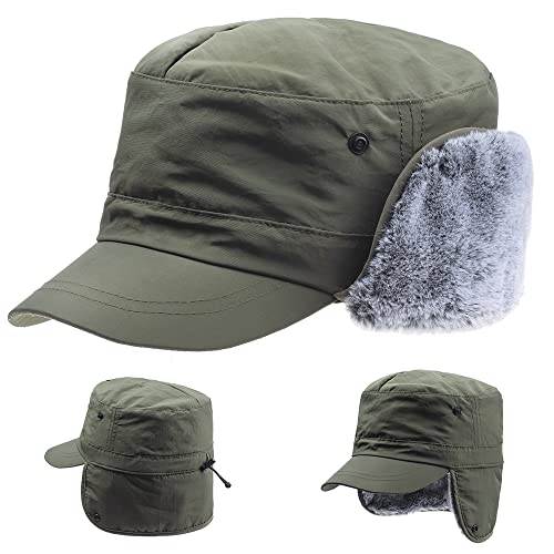ZffXH Winter Herren Armee Mütze, Army Green Bundeswehr Wintermütze, Cap Mit Ohrenklappen Herren, Herren Kappe Aviator Pilotenmütze, Kappe Mit Ohrenklappen, Kappen Herren Mütze Winter Warm von ZffXH