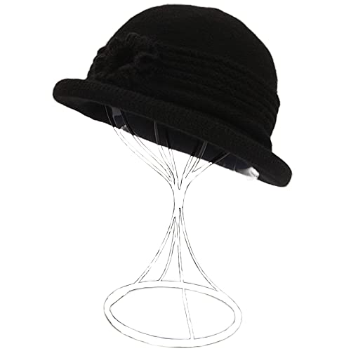 ZffXH Winter Herbst Wolle Strickmütze 1920 Vintage Beanie Cap Kirche Bucket Hat für Frauen Damen, dunkelschwarz, L von ZffXH