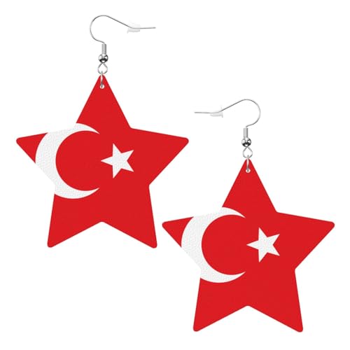 Weiße trendige Leder-Stern-Ohrringe für Frauen – Flagge der Türkei Druck baumelnder Schmuck, Partygeschenke, einfache Creolen-Anhänger, One Size, Leder, Kein Edelstein von ZhRiYan