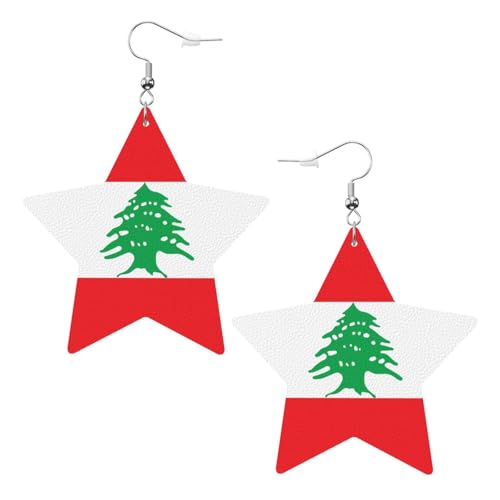 Weiße trendige Leder-Stern-Ohrringe für Frauen – Flagge des Libanon-Drucks, baumelnder Schmuck, Partygeschenke, einfache Creolen-Anhänger, One Size, Leder, Kein Edelstein von ZhRiYan
