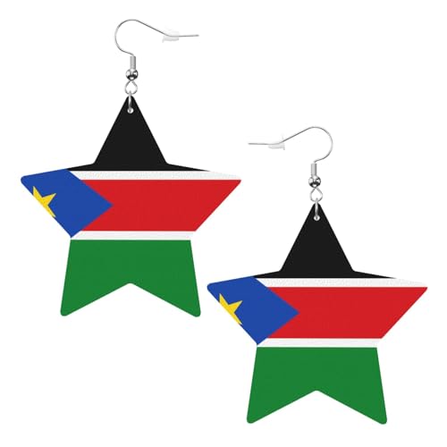 Weiße trendige Leder-Stern-Ohrringe für Frauen – Flagge des Südsudan-Drucks, baumelnder Schmuck, Partygeschenke, einfache Creolen-Anhänger, One Size, Leder, Kein Edelstein von ZhRiYan