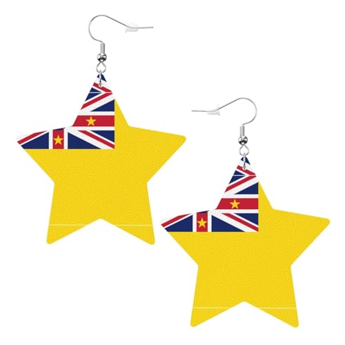 Weiße trendige Leder-Stern-Ohrringe für Frauen – Flagge von Niue-Druck, baumelnder Schmuck, Partygeschenke, einfache Creolen-Anhänger, One Size, Leder, Kein Edelstein von ZhRiYan
