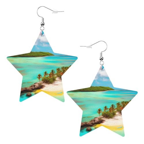 Weiße trendige Leder-Stern-Ohrringe für Frauen – Karibik-Landschafts-Druck, baumelnder Schmuck, Partygeschenke, einfache Creolen-Anhänger, One Size, Leder, Kein Edelstein von ZhRiYan