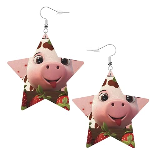 Weiße trendige Leder-Stern-Ohrringe für Frauen – Kuh- und Erdbeeren-Druck, baumelnder Schmuck, Partygeschenke, einfache Creolen-Anhänger, One Size, Leder, Kein Edelstein von ZhRiYan