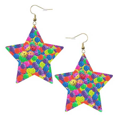 Weiße trendige Leder-Stern-Ohrringe für Frauen – Pickleball-Kugeln mit Farbmuster-Druck, baumelnder Schmuck, Partygeschenke, einfache Creolen-Anhänger, One Size, Leder, Kein Edelstein von ZhRiYan