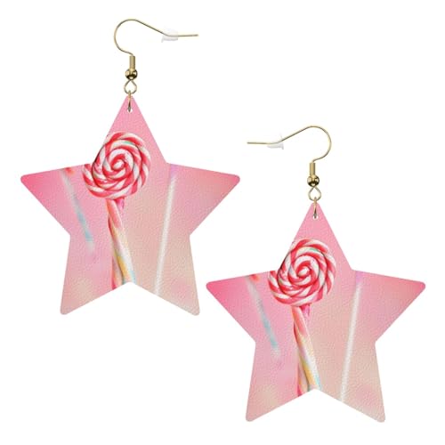 Weiße trendige Leder-Stern-Ohrringe für Frauen – bunter Lutscher-Druck, baumelnder Schmuck, Partygeschenke, einfache Creolen-Anhänger, One Size, Leder, Kein Edelstein von ZhRiYan