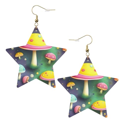 Weiße trendige Leder-Stern-Ohrringe für Frauen – bunter Traumpilz-Druck, baumelnder Schmuck, Partygeschenke, einfache Creolen-Anhänger, One Size, Leder, Kein Edelstein von ZhRiYan