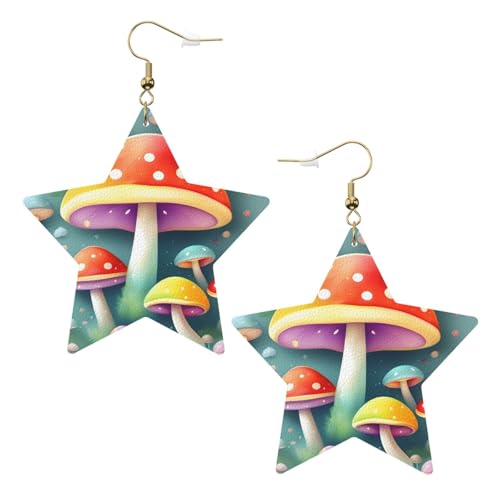 Weiße trendige Leder-Stern-Ohrringe für Frauen – niedlicher farbiger Pilz-Druck, baumelnder Schmuck, Partygeschenke, einfache Creolen-Anhänger, One Size, Leder, Kein Edelstein von ZhRiYan