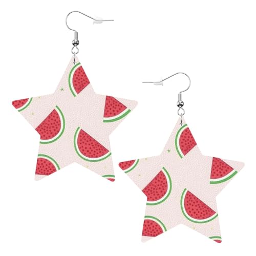 Weiße trendige Leder-Stern-Ohrringe für Frauen – rosa Wassermelonen-Druck, baumelnder Schmuck, Partygeschenke, einfache Creolen-Anhänger, One Size, Leder, Kein Edelstein von ZhRiYan