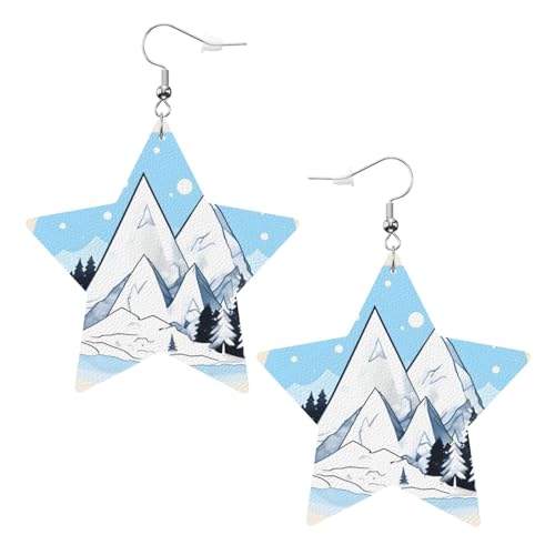 Weiße trendige Leder-Stern-Ohrringe für Frauen – schneebedeckte Berge Druck baumelnder Schmuck, Partygeschenke, einfache Creolen-Anhänger, One Size, Leder, Kein Edelstein von ZhRiYan