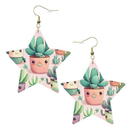Weiße trendige Leder-Stern-Ohrringe für Frauen – schöne Sukkulenten-Druck, baumelnder Schmuck, Partygeschenke, einfache Creolen-Anhänger, One Size, Leder, Kein Edelstein von ZhRiYan