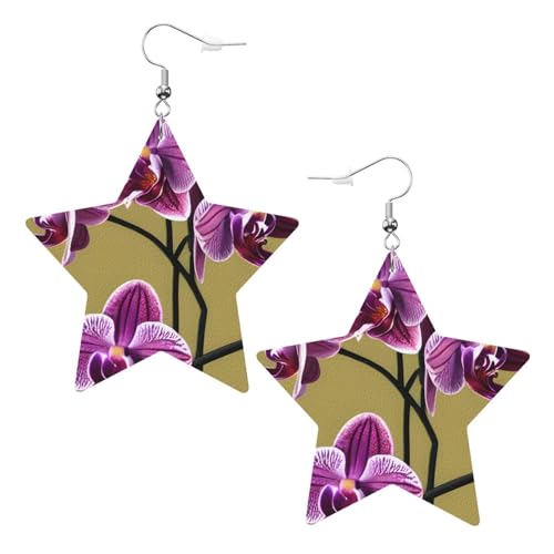 Weiße trendige Leder-Stern-Ohrringe für Frauen – schöner Orchideen-Druck, baumelnder Schmuck, Partygeschenke, einfache Creolen-Anhänger, One Size, Leder, Kein Edelstein von ZhRiYan