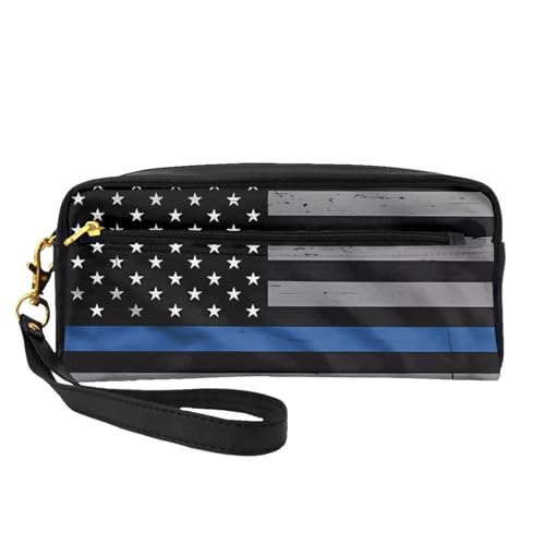 ZhRiYan American Thin Blue Line Flag Print Leder Kleine Make-up-Tasche - Reise-Kulturbeutel für Frauen, wiederverwendbare Kosmetiktasche mit Reißverschluss, Schwarz, Einheitsgröße, Schwarz von ZhRiYan