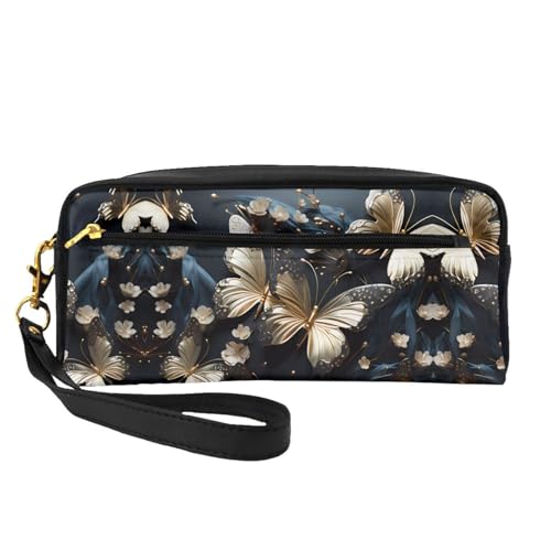 ZhRiYan Gold Weiß Schmetterlinge Schwarz Druck Leder Kleine Make-up Tasche - Reise Kulturbeutel für Frauen Wiederverwendbare Kosmetiktasche mit Reißverschluss, Schwarz, Einheitsgröße, Schwarz von ZhRiYan