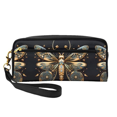 ZhRiYan Goldene zarte Libelle auf schwarzem Hintergrund Druck Leder kleine Make-up-Tasche - Reise-Kulturbeutel für Frauen, wiederverwendbare Kosmetiktasche mit Reißverschluss, Schwarz, Einheitsgröße von ZhRiYan