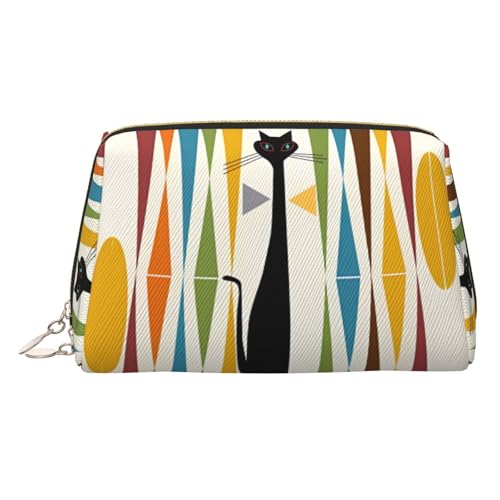 ZhRiYan Goldfarbene Make-up-Tasche aus Leder – Reise-Kosmetiktasche aus der Mitte des Jahrhunderts, moderner Kunst-Katzen-Druck mit Reißverschluss, tragbarer Kulturbeutel für den täglichen Gebrauch von ZhRiYan