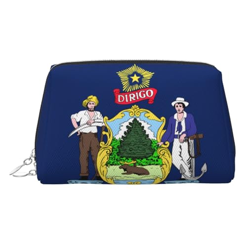 ZhRiYan Goldfarbene Make-up-Tasche aus Leder – Reise-Kosmetiktasche mit Maine State Flag Print Taschen mit Reißverschluss, tragbarer Kulturbeutel Organizer für den täglichen Gebrauch, Silber, One Size von ZhRiYan