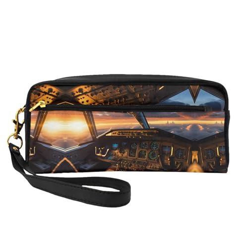 ZhRiYan Kleine Make-up-Tasche aus Leder mit Flugzeug-Cockpit-Druck, Reise-Kulturbeutel für Damen, wiederverwendbare Kosmetiktasche mit Reißverschluss, Schwarz, Einheitsgröße, Schwarz, Einheitsgröße von ZhRiYan
