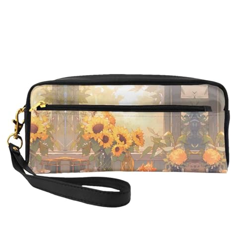ZhRiYan Kleine Make-up-Tasche aus Leder mit Sonnenblumen unter der Fensterbank, Reise-Kulturbeutel für Damen, wiederverwendbare Kosmetiktasche mit Reißverschluss, Schwarz, Einheitsgröße, Schwarz von ZhRiYan