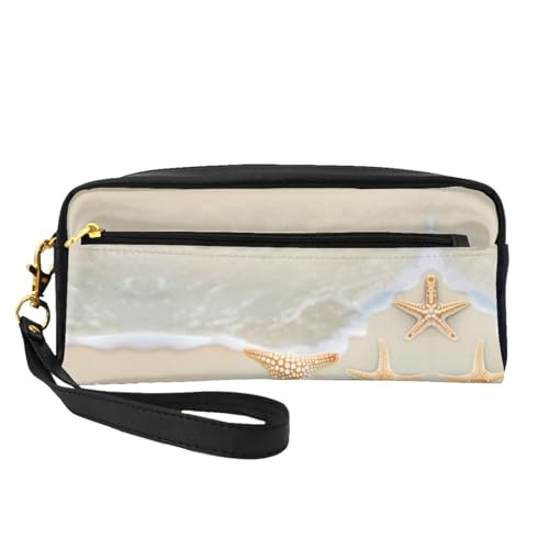 ZhRiYan Kleine Make-up-Tasche aus Leder mit Strand-Seestern-Druck, Reise-Kulturbeutel für Damen, wiederverwendbare Kosmetiktasche mit Reißverschluss, Schwarz, Einheitsgröße, Schwarz, Einheitsgröße von ZhRiYan