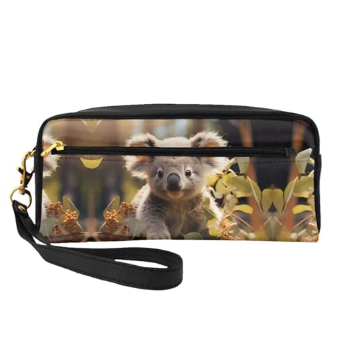 ZhRiYan Kleine Make-up-Tasche aus Leder mit süßem Koala-Pflanzendruck, Reise-Kulturbeutel für Frauen, wiederverwendbare Kosmetiktasche mit Reißverschluss, Schwarz, Einheitsgröße, Schwarz von ZhRiYan