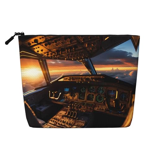 ZhRiYan Make-up-Tasche aus künstlichem Hanf im Flugzeug-Cockpit, vielseitiger Reise-Kulturbeutel, wiederverwendbarer Kosmetik-Organizer mit Reißverschlusstasche, Schwarz, Einheitsgröße, Schwarz von ZhRiYan