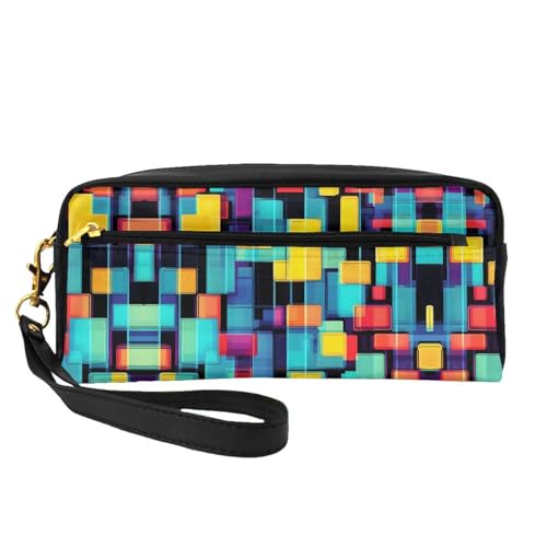 ZhRiYan Quadratisches Geometriediagramm Druck Leder Kleine Make-up-Tasche - Reise-Kulturbeutel für Frauen, Wiederverwendbare Kosmetiktasche mit Reißverschluss, Schwarz, Einheitsgröße, Schwarz von ZhRiYan