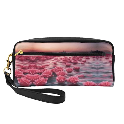 ZhRiYan Roses by the Sea Print Leder Kleine Make-up-Tasche - Reise-Kulturbeutel für Frauen, wiederverwendbare Kosmetiktasche mit Reißverschluss, Schwarz, Einheitsgröße, Schwarz, Einheitsgröße, Schwarz von ZhRiYan