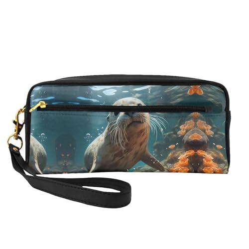 ZhRiYan Seal Pup in Water Print Leder Kleine Make-up-Tasche - Reise-Kulturbeutel für Frauen, wiederverwendbare Kosmetiktasche mit Reißverschluss, Schwarz, Einheitsgröße, Schwarz, Einheitsgröße von ZhRiYan