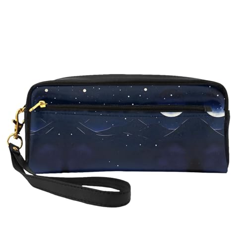 ZhRiYan Serene Blue Night View Print Leder Kleine Make-up-Tasche - Reise-Kulturbeutel für Frauen, wiederverwendbare Kosmetiktasche mit Reißverschluss, Schwarz, Einheitsgröße, Schwarz, Einheitsgröße von ZhRiYan