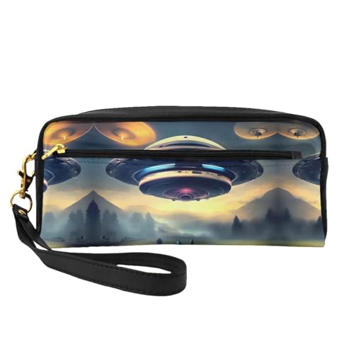 ZhRiYan Spaceship Landing Print Leder Kleine Make-up-Tasche - Reise-Kulturbeutel für Frauen, wiederverwendbare Kosmetiktasche mit Reißverschluss, Schwarz, Einheitsgröße, Schwarz, Einheitsgröße von ZhRiYan