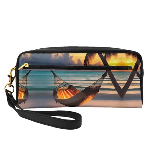 ZhRiYan Sunset Beach Hängematte Print Leder Kleine Make-up-Tasche - Reise-Kulturbeutel für Frauen, wiederverwendbare Kosmetiktasche mit Reißverschluss, Schwarz, Einheitsgröße, Schwarz, Einheitsgröße von ZhRiYan