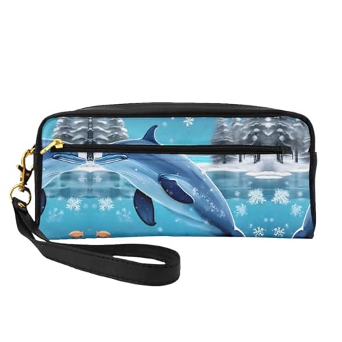 ZhRiYan Winter the Dolphin Print Leder Kleine Make-up-Tasche - Reise-Kulturbeutel für Frauen, wiederverwendbare Kosmetiktasche mit Reißverschluss, Schwarz, Einheitsgröße, Schwarz, Einheitsgröße von ZhRiYan