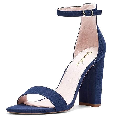 Zhabtuc Damen 10CM/4IN Sandaletten High Heels mit Blockabsatz Hoher Absatz Offene Zehen Knöchelriemen Sommerschuhe Frauen Chunky Blockabsatz Slingback Abend Party Sandalen Marineblau EU37.5 von Zhabtuc