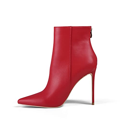 Zhabtuc Damen High Heels Ankle Boots Spitze Stilettos Stiefeletten 11CM Absatz Stiletto Geschlossene Boots Seitlicher Reißverschluss High Heel Spitz Stiefelette Rot Matt EU40.5 von Zhabtuc