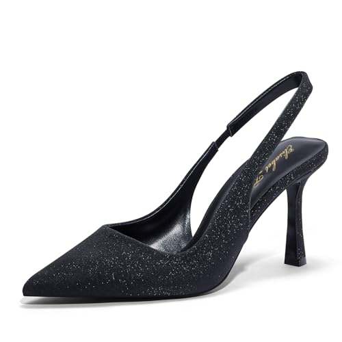 Zhabtuc Damen High Heels Pumps modische Fersen mit Knöchelriemen Pumps Slip on Stöckelschuhe für Party Hochzeit Abschlussfeier Hohe Schuhe mit Pfennigabsatz, Schwarzer Glitzer, 36 EU von Zhabtuc