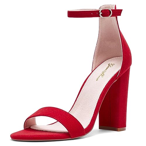 Zhabtuc Damen High Heels Sandaletten mit Blockabsatz, Offene Zehen und Knöchelriemen – Chunky Sandalen für Sommer, Abend und Party, Rotes Wildleder, 37 EU von Zhabtuc