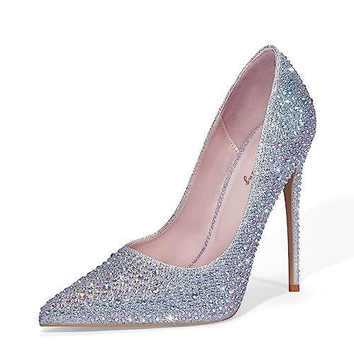 Zhabtuc Damen Kristallverzierte Stiletto-Absätze - 12 cm Hoher Absatz Spitz zulaufende Pumps - Elegante Abendpartyschuhe, Silberner Strass, 37 EU von Zhabtuc