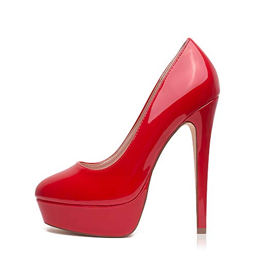 Zhabtuc Damen Plateau Pumps Geschlossen Runde Zeh High Heels 14cm Klassische Party Abschlussball Hochzeit Abend Stilettos Damenschuhe Rot 42 EU von Zhabtuc