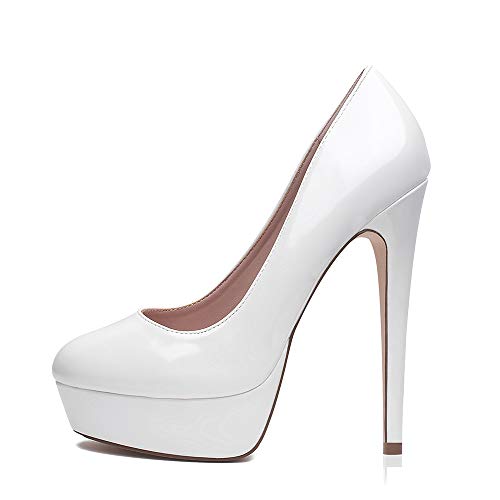 Zhabtuc Damen Plateau Pumps Geschlossen Runde Zeh High Heels 14cm Klassische Party Abschlussball Hochzeit Abend Stilettos Damenschuhe Weiß 40 EU von Zhabtuc